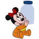 Mini Minnie embroidery design holding a bottle of milk, ideal for stitching on baby onesies and towels.