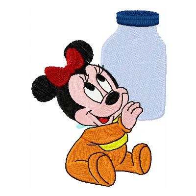Mini Minnie embroidery design holding a bottle of milk, ideal for stitching on baby onesies and towels.