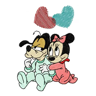 Preview of Goofy and Minnie 'We Love' embroidery design, featuring playful characters for stitched motifs on various items.