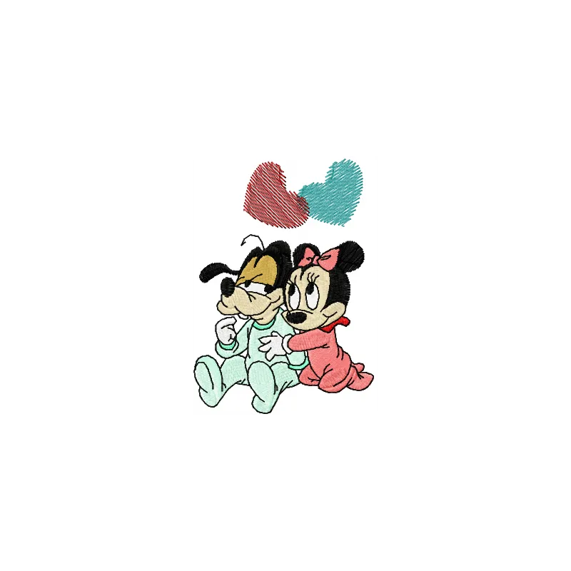 Preview of Goofy and Minnie 'We Love' embroidery design, featuring playful characters for stitched motifs on various items.