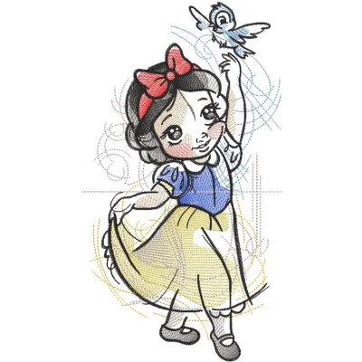 Snow White with bird sketch style embroidery design featuring detailed stitching of Snow White and a bird.