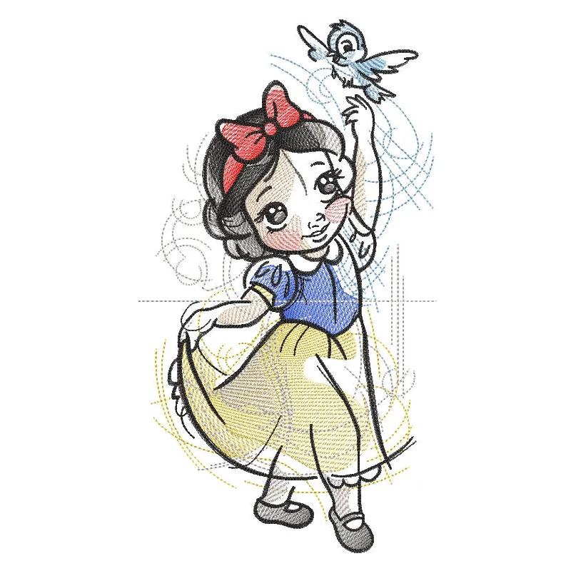 Snow White with bird sketch style embroidery design featuring detailed stitching of Snow White and a bird.