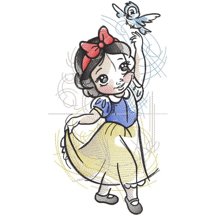 Snow White with bird sketch style embroidery design - Embroidery Design