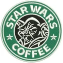 Yoda coffee embroidery design featuring a whimsical motif perfect for stitching on tote bags or hoodies.