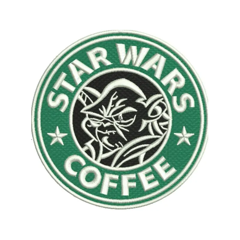 Yoda coffee embroidery design featuring a whimsical motif perfect for stitching on tote bags or hoodies.