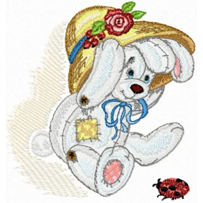 Embroidery design of a cute bunny with a small bug, ideal for stitching on children's toys or decor.