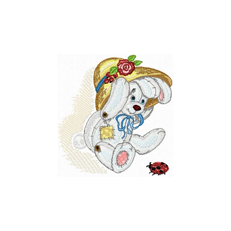 Embroidery design of a cute bunny with a small bug, ideal for stitching on children's toys or decor.