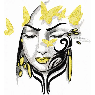 Preview of Tribal Lady embroidery design showcasing intricate stitching patterns for women's apparel and accessories.
