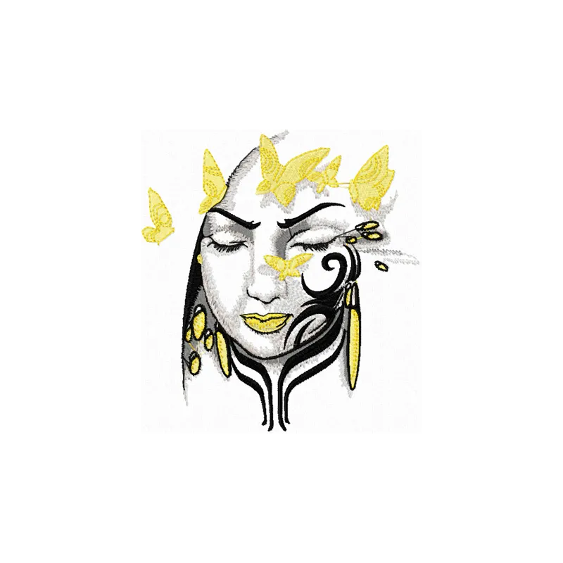Preview of Tribal Lady embroidery design showcasing intricate stitching patterns for women's apparel and accessories.