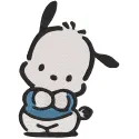 Colorful Pochacco embroidery design featuring the adorable character in playful poses on fabric.