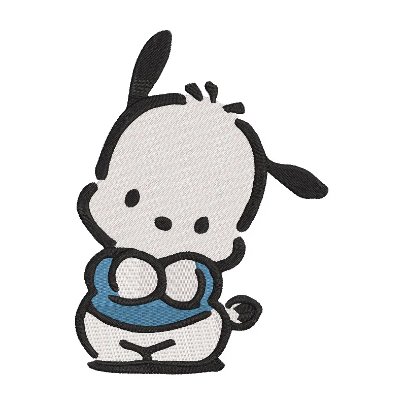Colorful Pochacco embroidery design featuring the adorable character in playful poses on fabric.