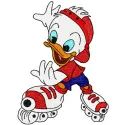 Embroidery design of a duck roller skating, showcasing a fun and playful stitched motif for creative projects.