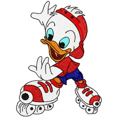 Embroidery design of a duck roller skating, showcasing a fun and playful stitched motif for creative projects.