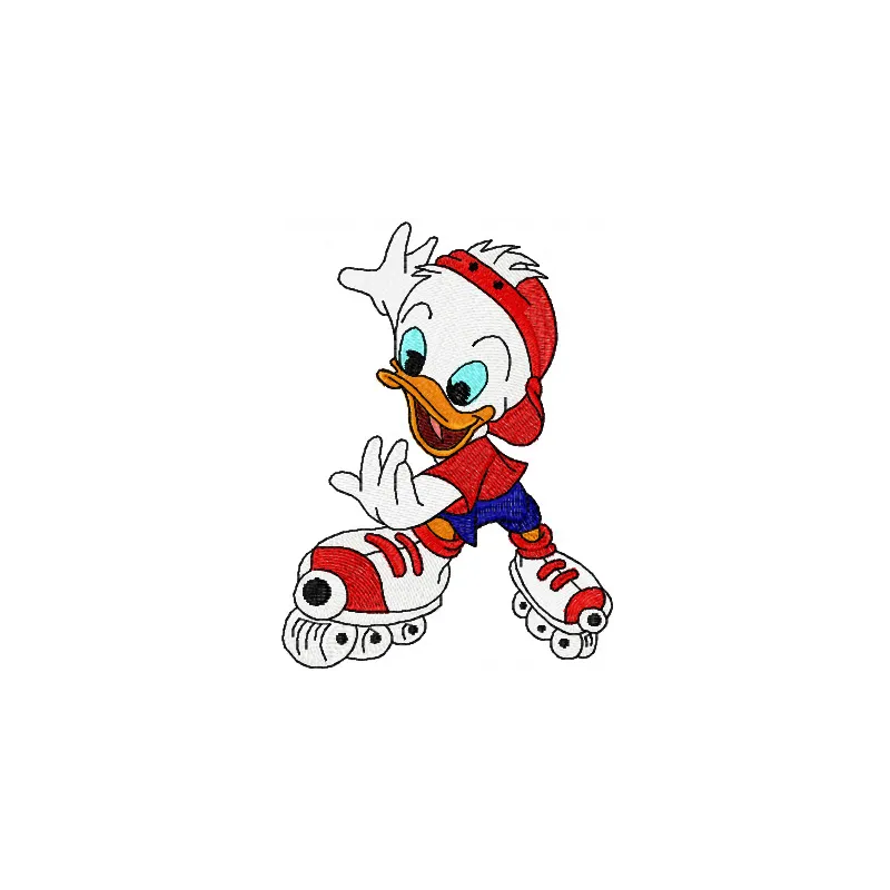 Embroidery design of a duck roller skating, showcasing a fun and playful stitched motif for creative projects.