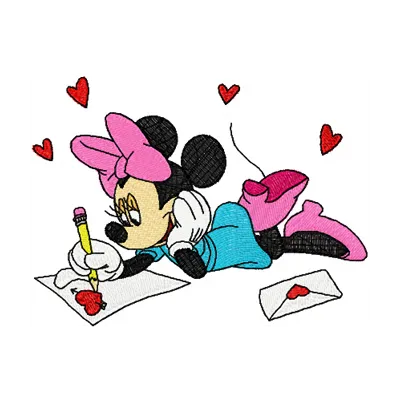 Minnie Mouse writing a Valentine's Day letter embroidery design for stitching on t-shirts or tote bags.