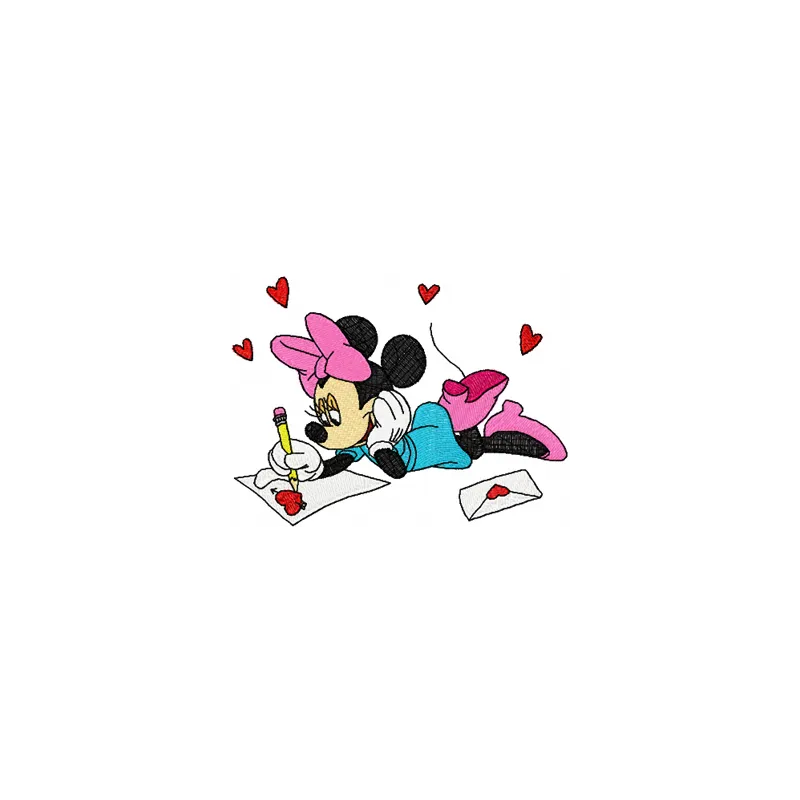 Minnie Mouse writing a Valentine's Day letter embroidery design for stitching on t-shirts or tote bags.