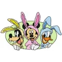 Embroidery design featuring Easter bunnies with Goofy, Mickey, and Duck, perfect for festive stitching projects.