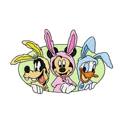 Embroidery design featuring Easter bunnies with Goofy, Mickey, and Duck, perfect for festive stitching projects.