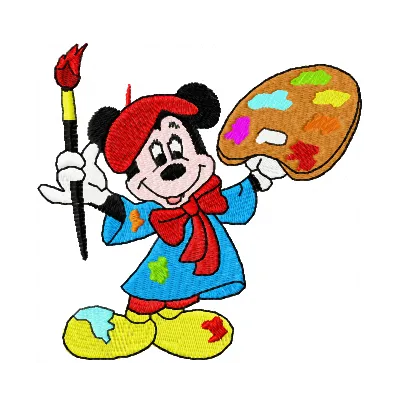 Mickey Mouse painter embroidery design featuring a cheerful Mickey with a paintbrush, perfect for various fabric projects.