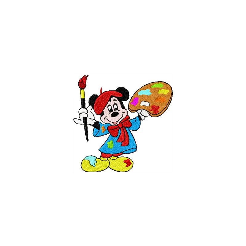 Mickey Mouse painter embroidery design featuring a cheerful Mickey with a paintbrush, perfect for various fabric projects.