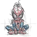 Sitting Spiderman embroidery design featuring intricate spider motifs, perfect for creative projects.