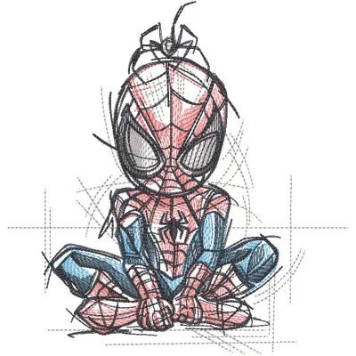 Sitting Spiderman embroidery design featuring intricate spider motifs, perfect for creative projects.