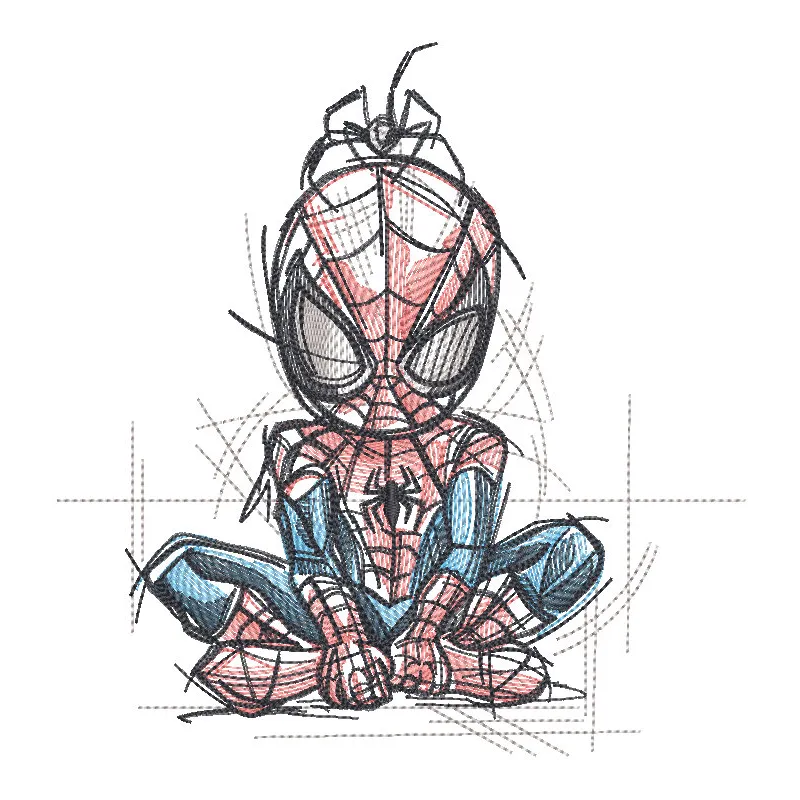 Sitting Spiderman embroidery design featuring intricate spider motifs, perfect for creative projects.