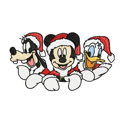 Mickey Mouse, Goofy, and Donald Duck embroidery design preview showcasing vibrant characters for creative stitching.