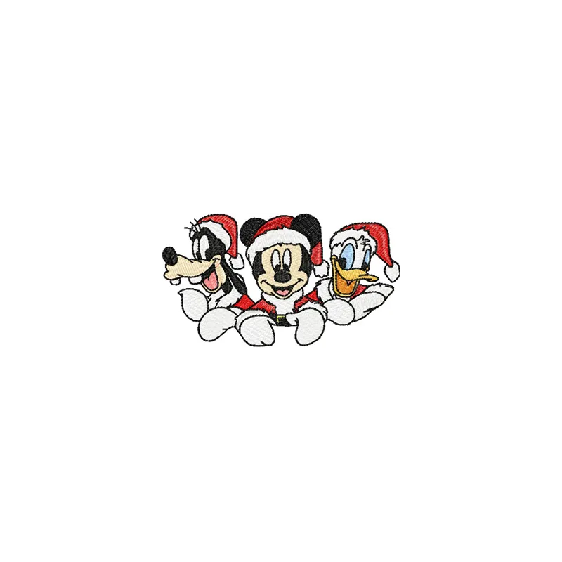 Mickey Mouse, Goofy, and Donald Duck embroidery design preview showcasing vibrant characters for creative stitching.