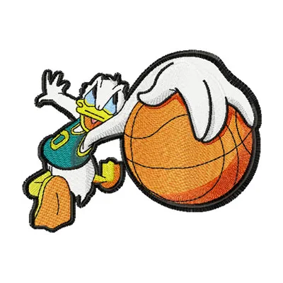 Donald Duck basketball fan embroidery design showcasing a whimsical character ready to cheer, perfect for apparel.