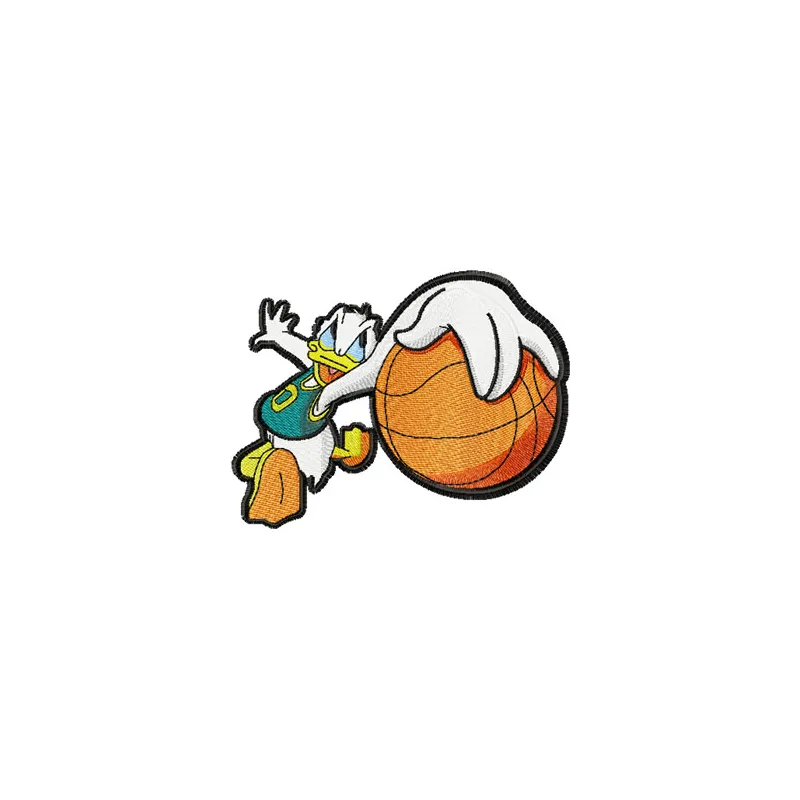 Donald Duck basketball fan embroidery design showcasing a whimsical character ready to cheer, perfect for apparel.