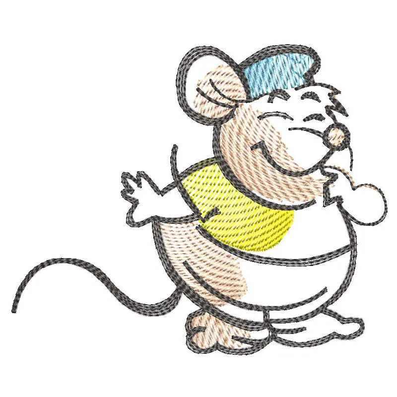 A colorful Mouse Gus embroidery design featuring a cheerful cartoon mouse with big ears and a playful smile.