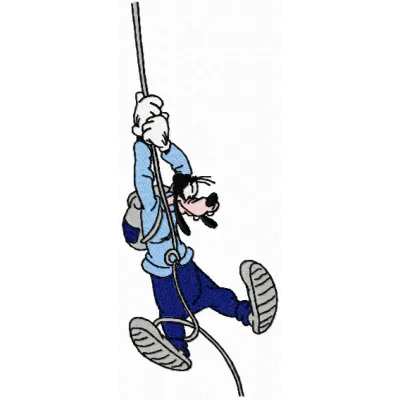 Goofy Climber embroidery design showcasing a whimsical character climbing, ideal for denim jackets and hoodies.