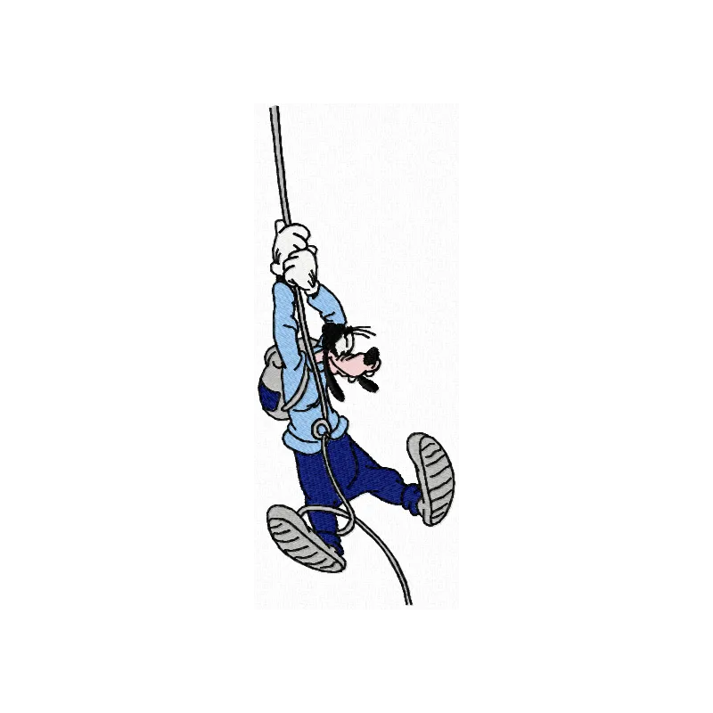 Goofy Climber embroidery design showcasing a whimsical character climbing, ideal for denim jackets and hoodies.
