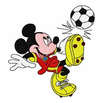 Mickey Mouse-inspired soccer embroidery design preview, showcasing a fun and playful stitching pattern.