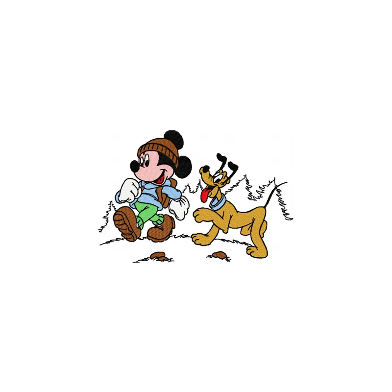 Embroidery design featuring Mickey Mouse and Pluto, ideal for stitching on t-shirts, hoodies, and tote bags.