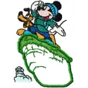 Mickey Mouse and Pluto embroidery design showcasing a playful scene, perfect for stitching on t-shirts or tote bags.
