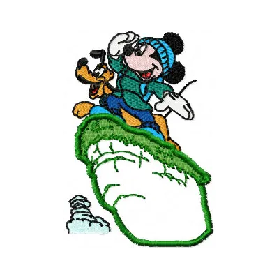 Mickey Mouse and Pluto embroidery design showcasing a playful scene, perfect for stitching on t-shirts or tote bags.