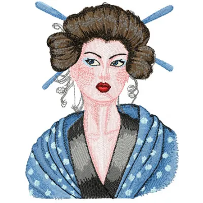 Geisha with Hairpin embroidery design showcasing intricate details, perfect for embellishing fabrics like t-shirts and totes.