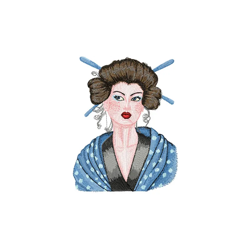 Geisha with Hairpin embroidery design showcasing intricate details, perfect for embellishing fabrics like t-shirts and totes.