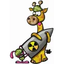 Embroidery design featuring a giraffe and a rabbit with a bomb, perfect for playful stitching projects.