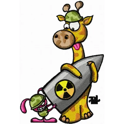 Embroidery design featuring a giraffe and a rabbit with a bomb, perfect for playful stitching projects.