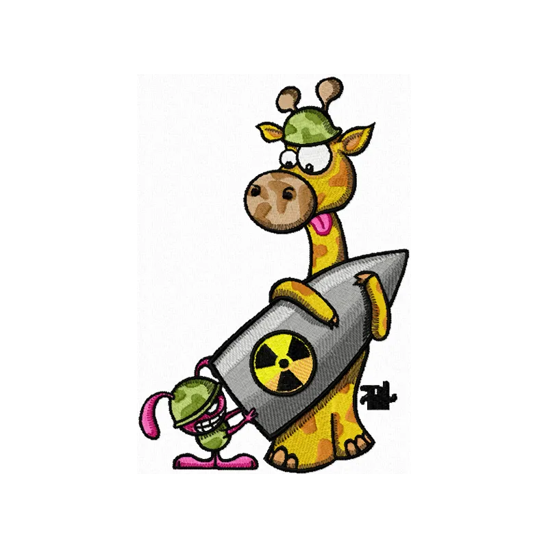 Embroidery design featuring a giraffe and a rabbit with a bomb, perfect for playful stitching projects.