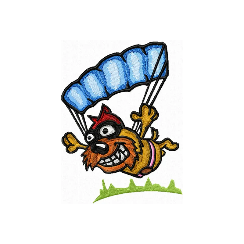 Funny Dog - I can fly! embroidery design preview showcasing a whimsical dog in flight, perfect for pet lovers.