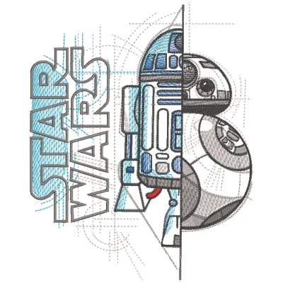 Embroidery design featuring Star Wars BB-8 and R2-D2 characters in vibrant colors.