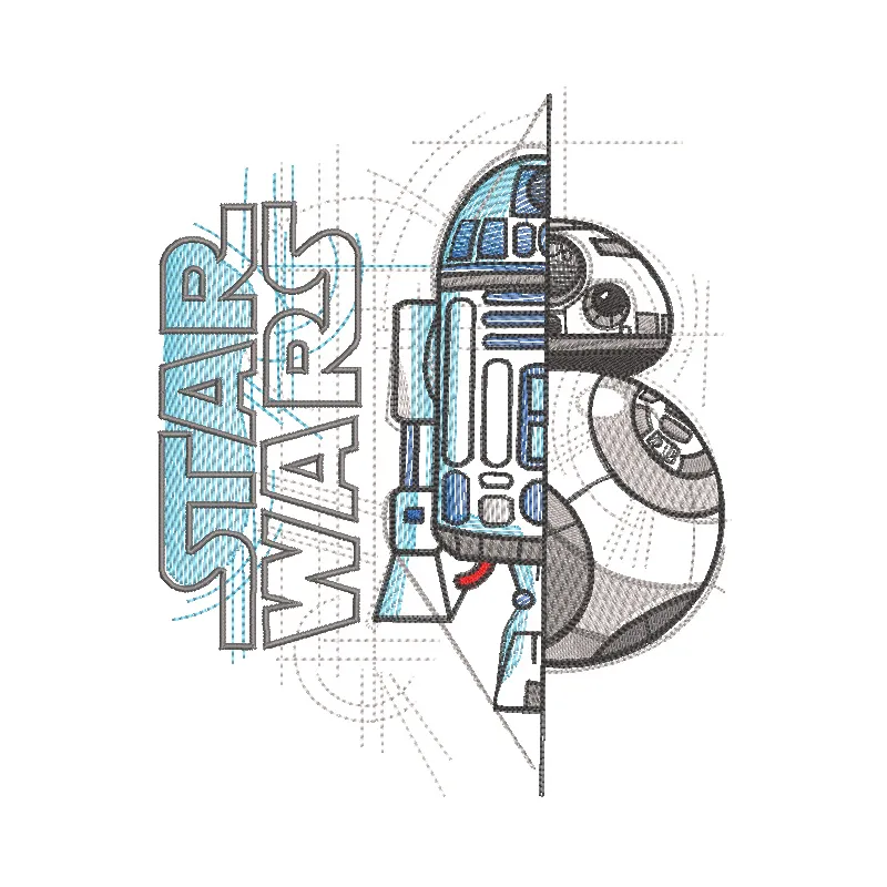 Embroidery design featuring Star Wars BB-8 and R2-D2 characters in vibrant colors.