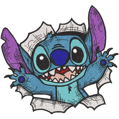 Stitch Breakout embroidery design featuring Stitch in a playful pose with vibrant colors and intricate detailing.