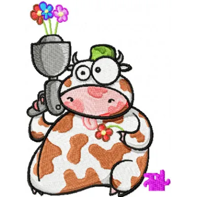 Cow Flower Gun Embroidery - Whimsical Animal Design