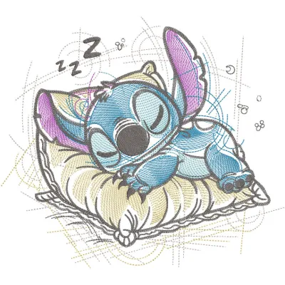 Stitch from Lilo and Stitch sleeping peacefully on a fluffy pillow in a colorful embroidery design.