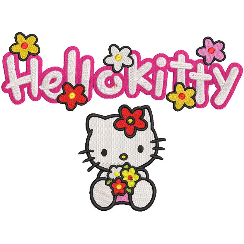 Hello Kitty logo featuring cute kitty embroidery design on a soft fabric background.